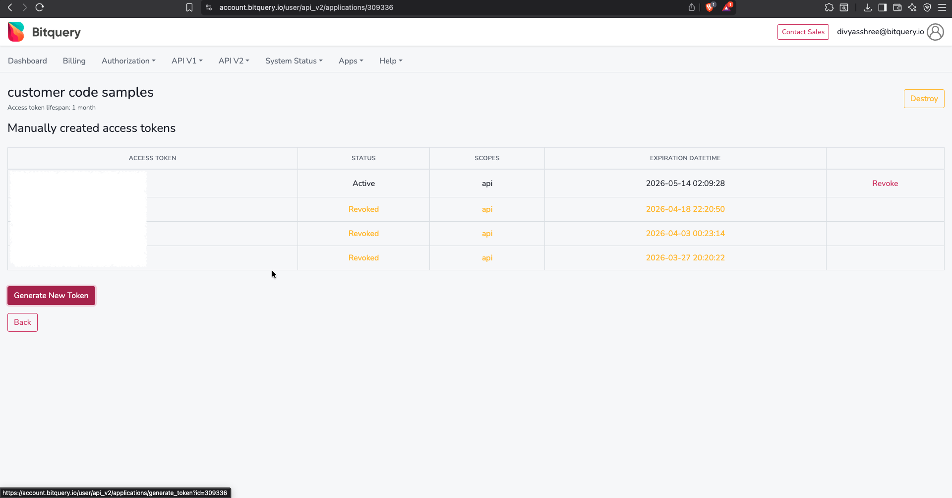 Application token page — manually created access tokens, Generate New Token