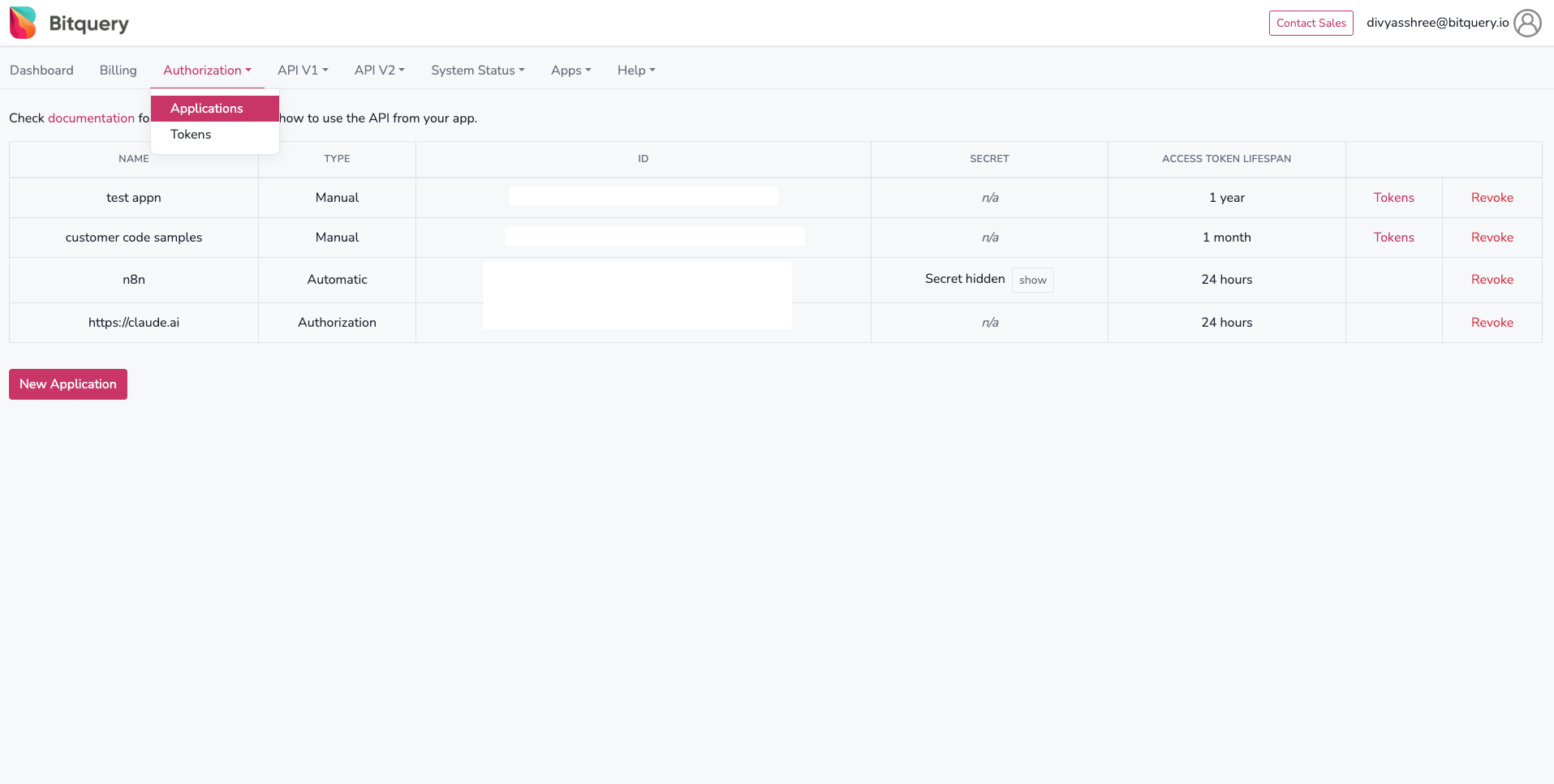 Authorization menu — Applications page at account.bitquery.io