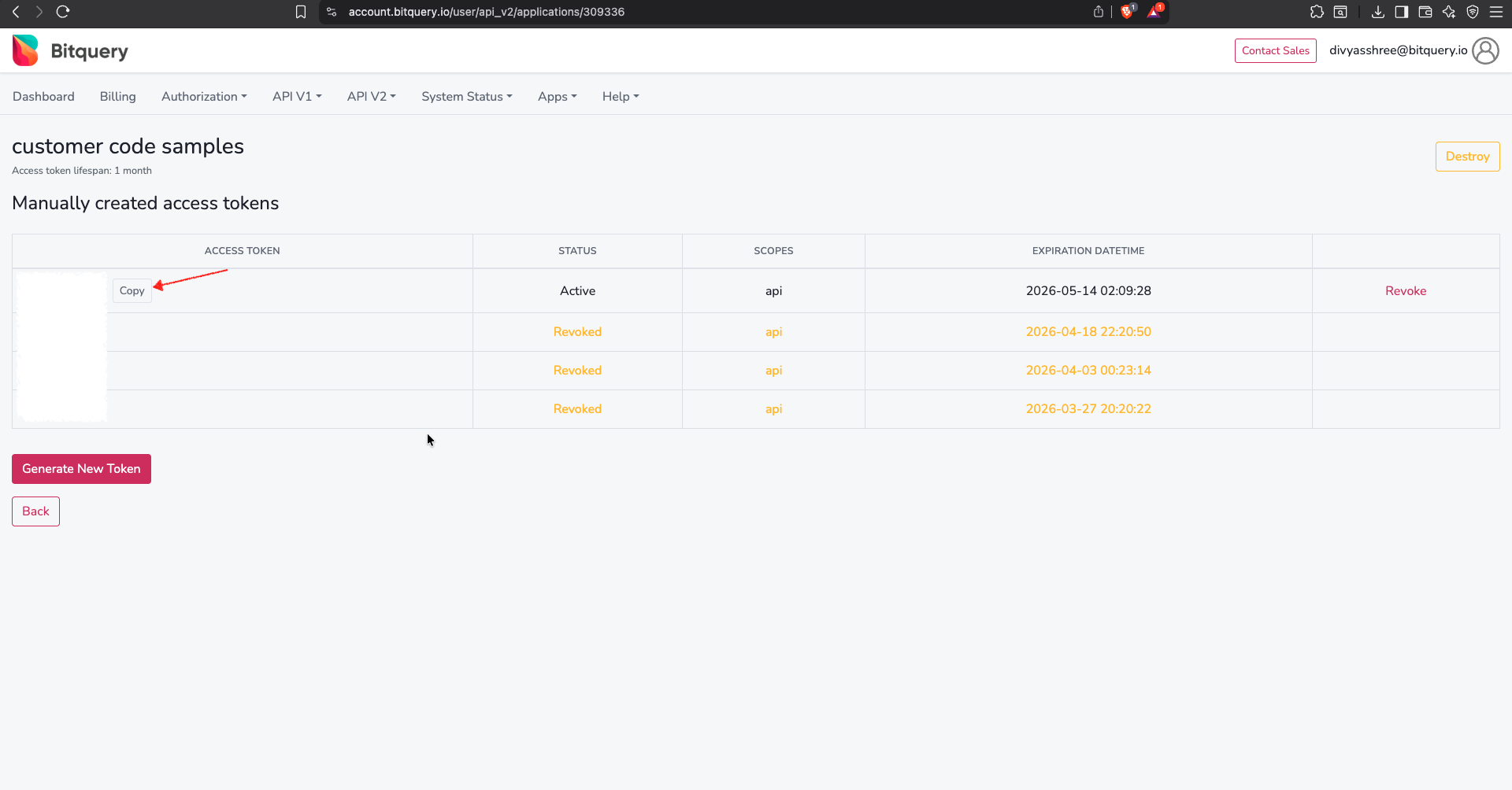 Manually created access tokens — Copy button next to an active token