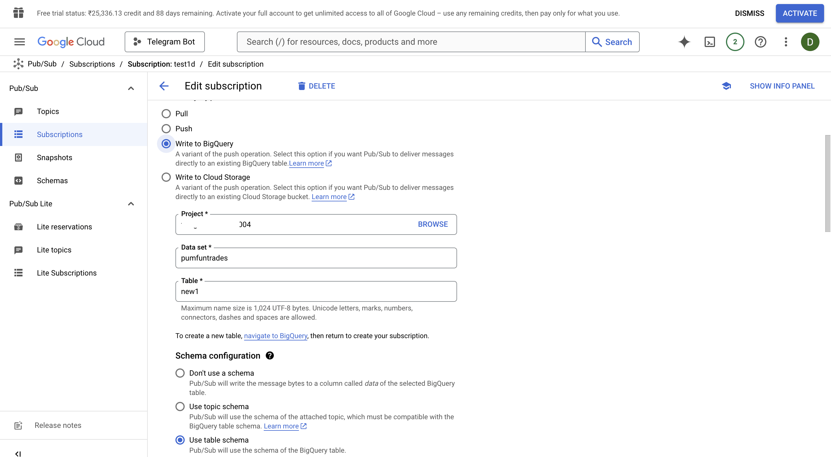 BigQuery table populated with streamed blockchain data