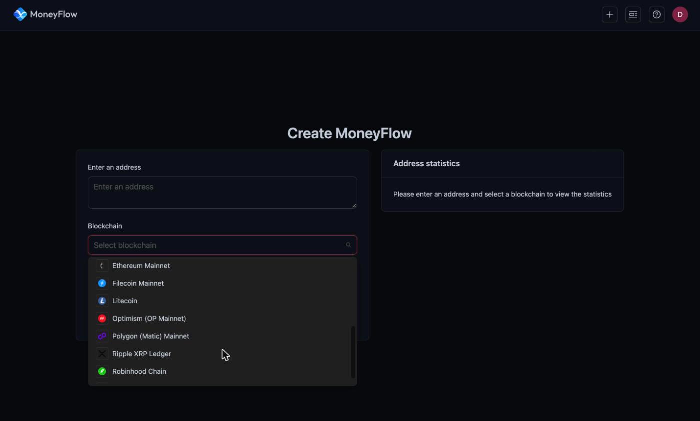 Blockchain dropdown in MoneyFlow Lite