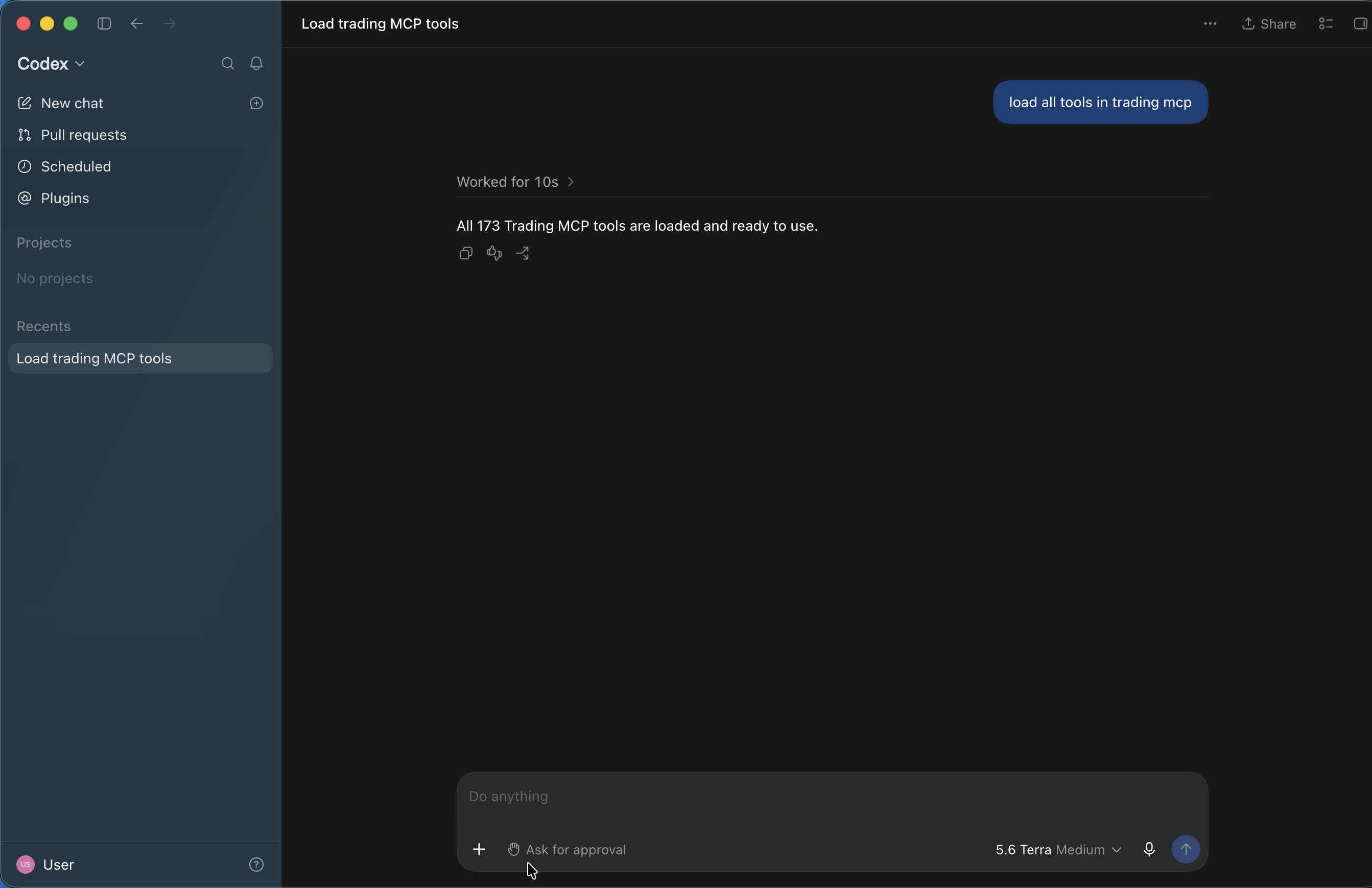 Codex chat confirming all 173 Bitquery MCP tools are loaded