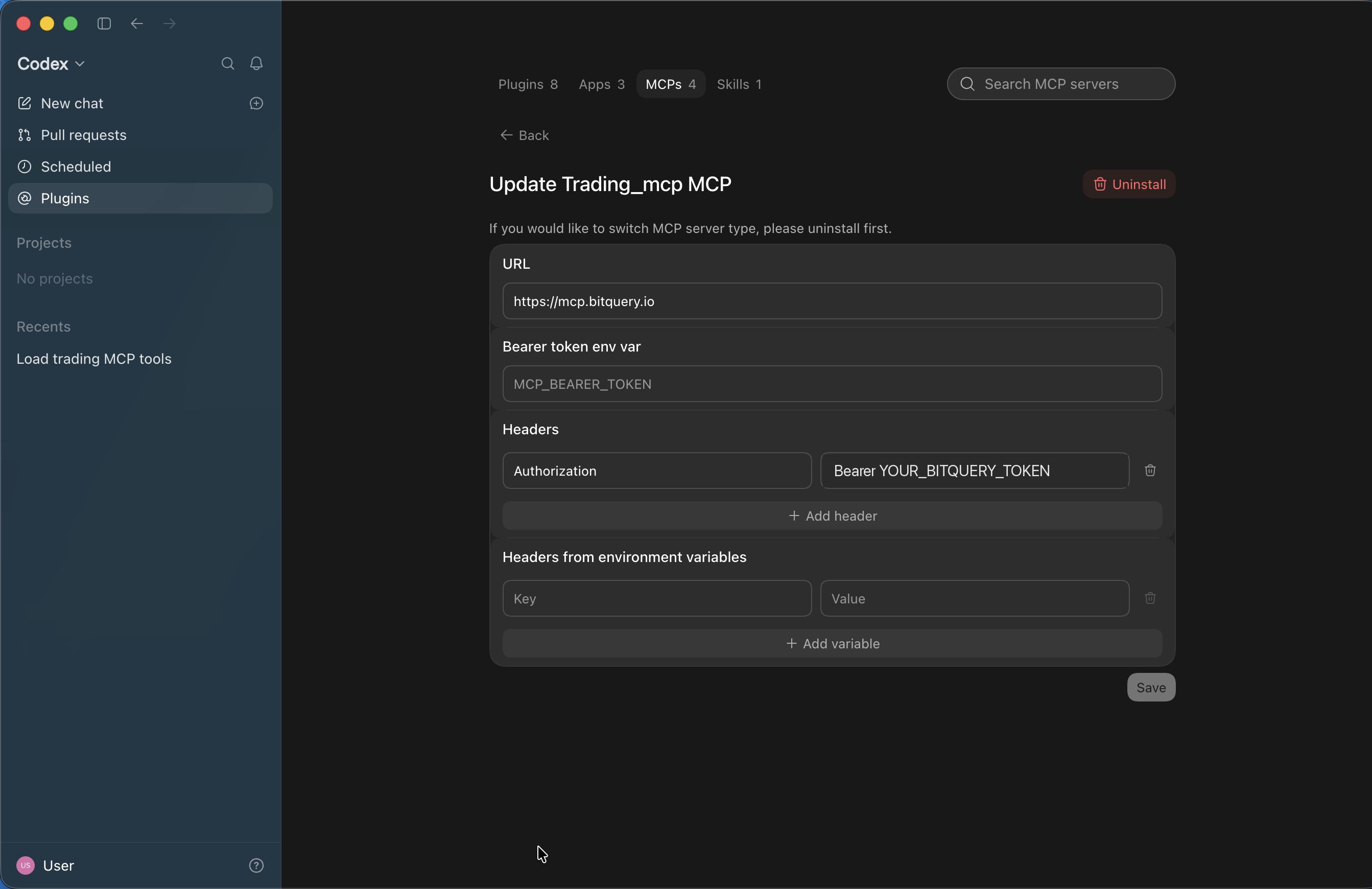 Codex MCP server settings with the Bitquery URL and an Authorization bearer header