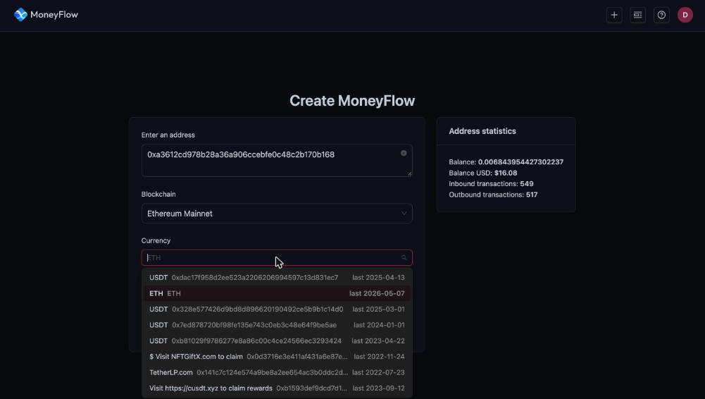 Currency dropdown on Ethereum