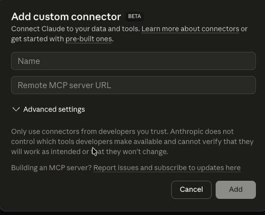 Add custom connector: Name and Remote MCP server URL fields