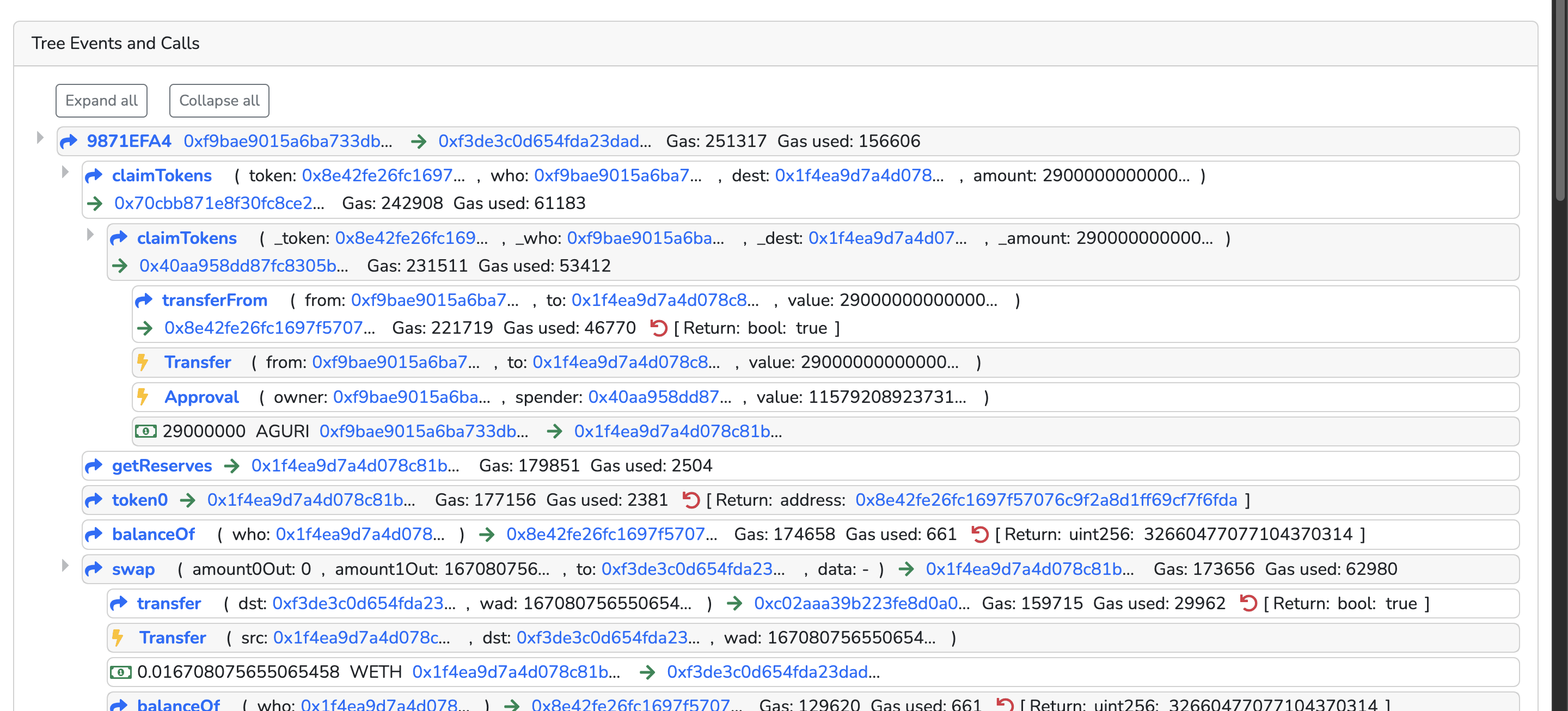 Ethereum internal transaction call tree