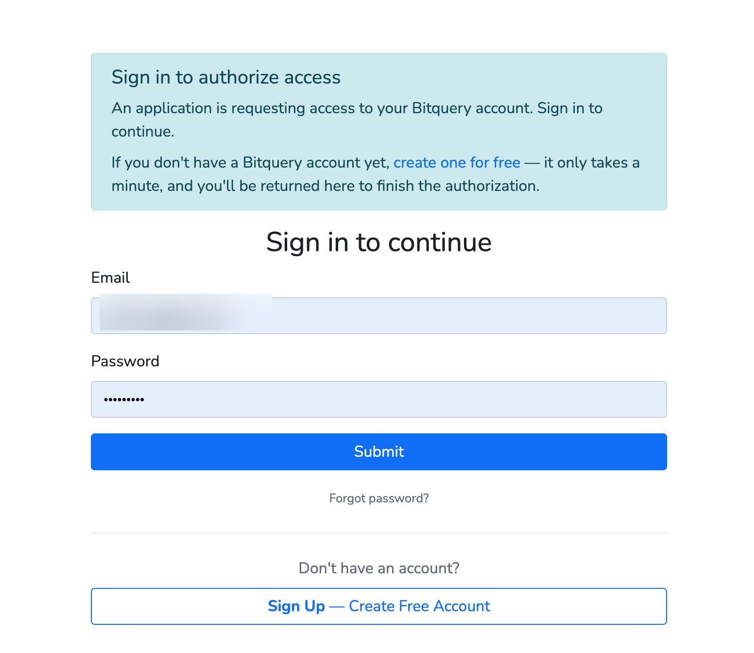 Bitquery sign-in to authorize the application