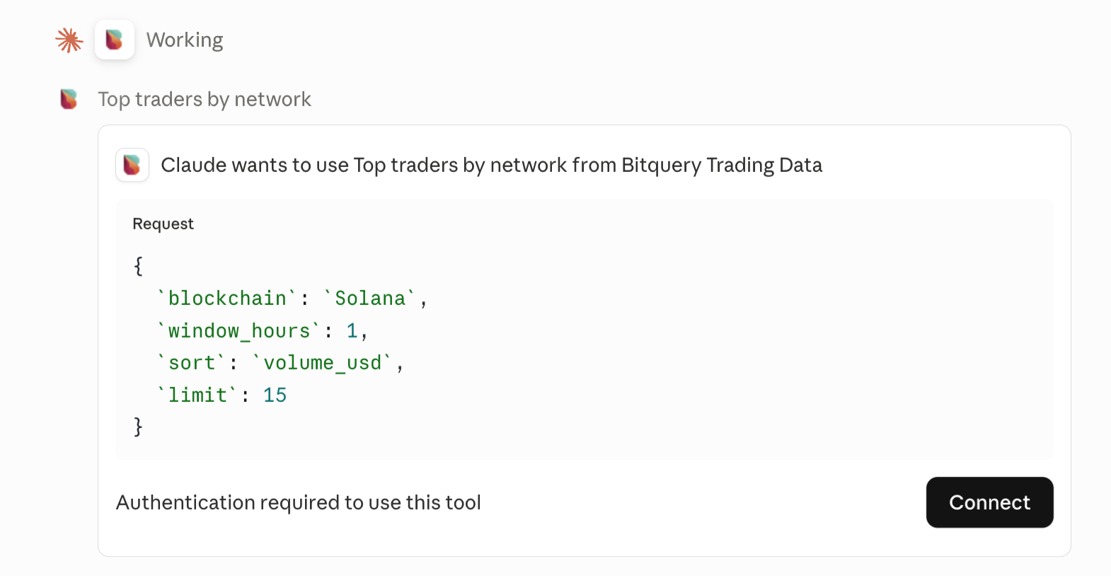 Tool run requesting Connect for Bitquery