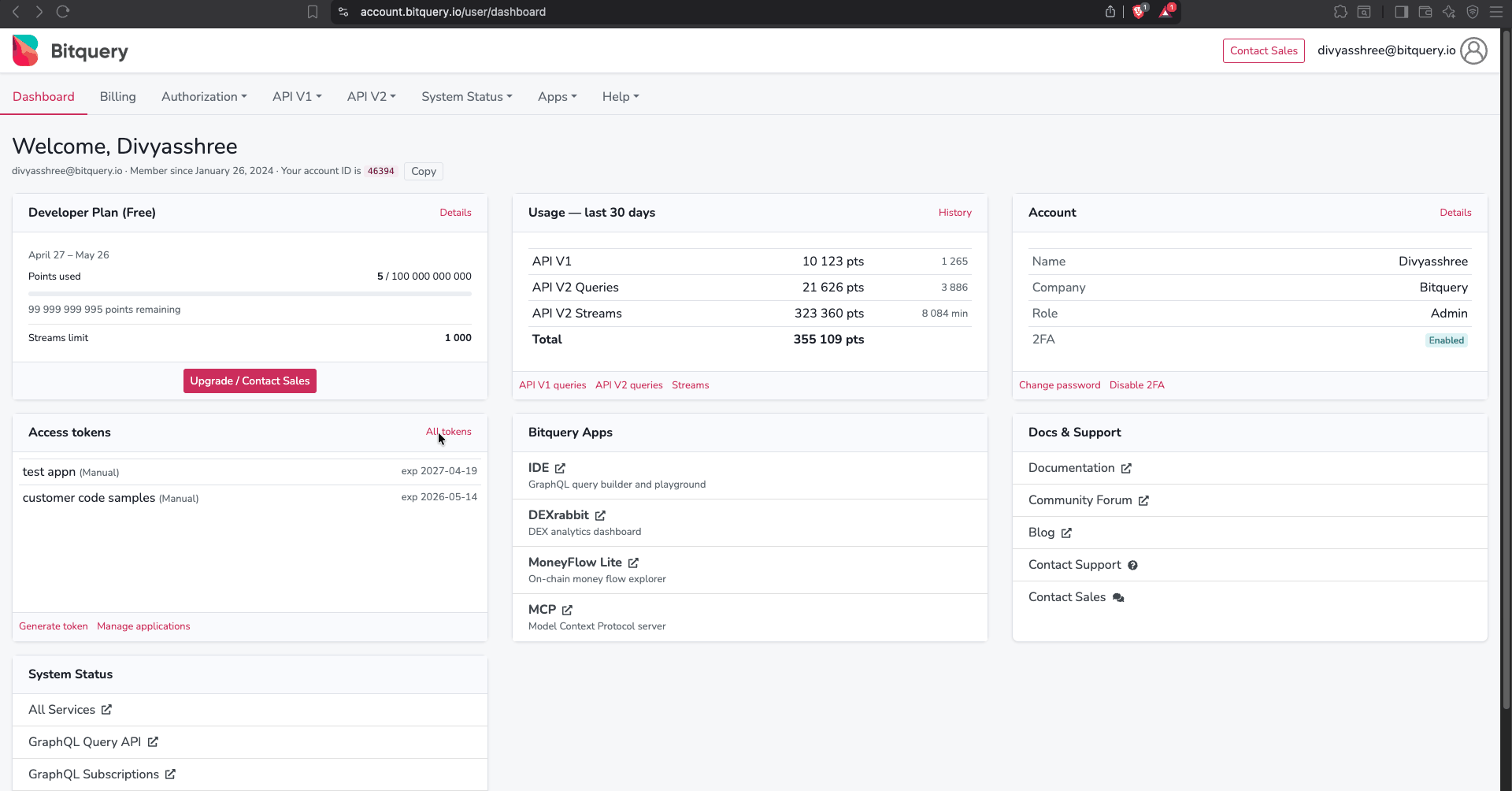 Bitquery account dashboard — landing page after login