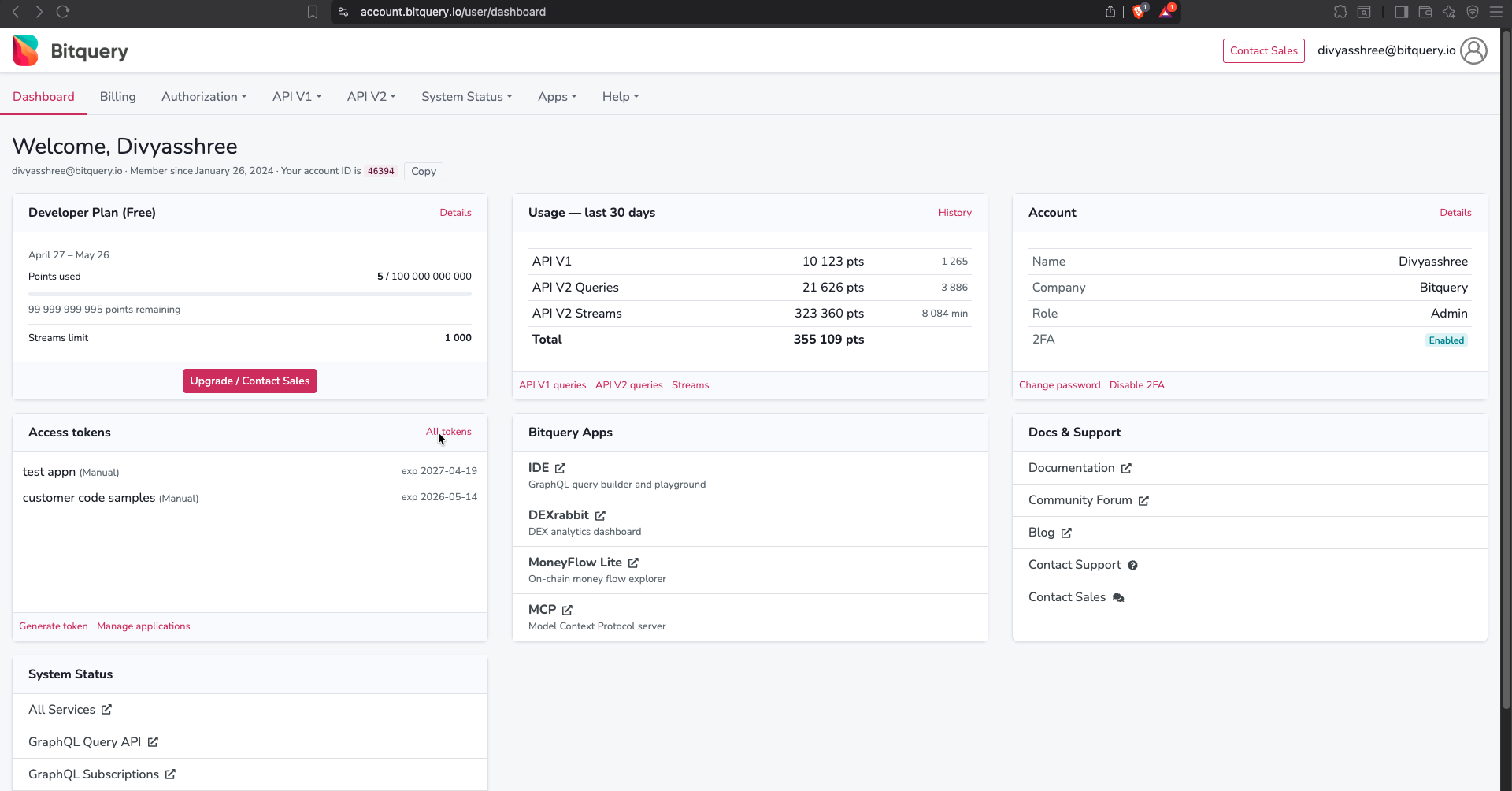 Bitquery account dashboard — landing page after login